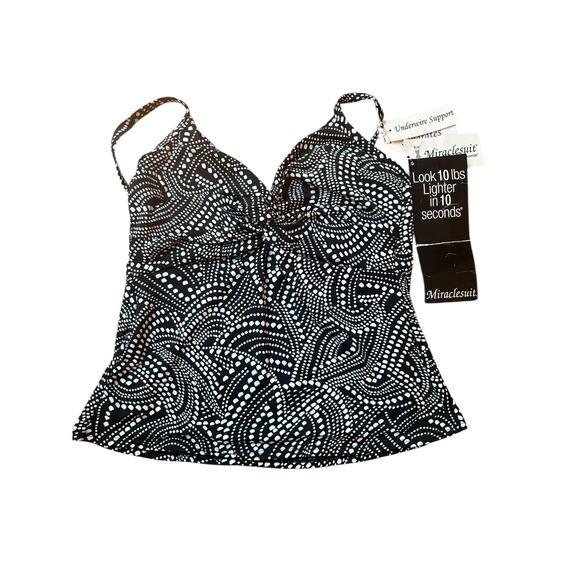 NWT!  Miraclesuit Swim Tankini Underwire Top Roswell Black/White Pattern-Size 12 - Picture 1 of 15